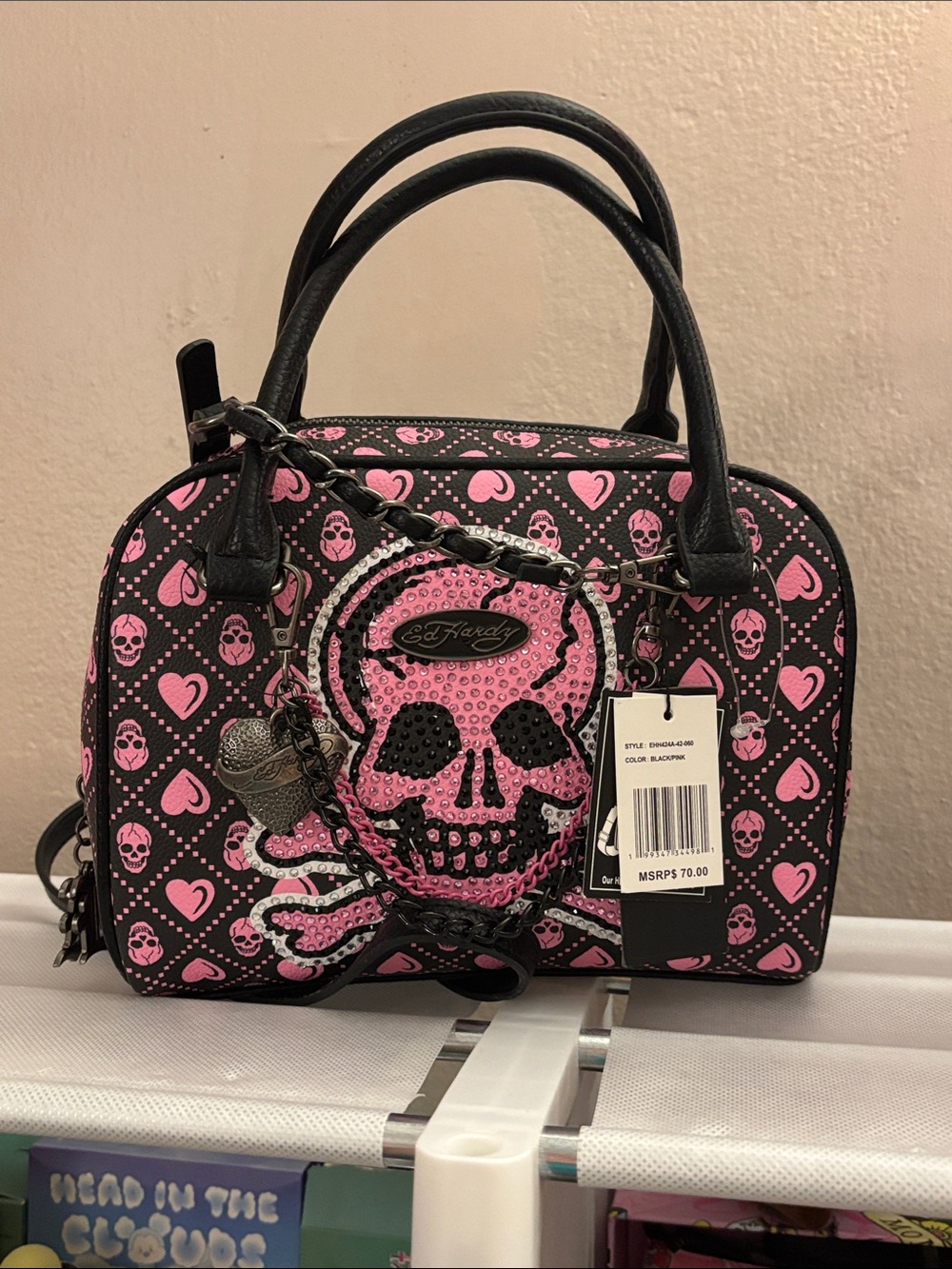Ed Hardy Black & Pink Skull Dome Satchel Bag NWT